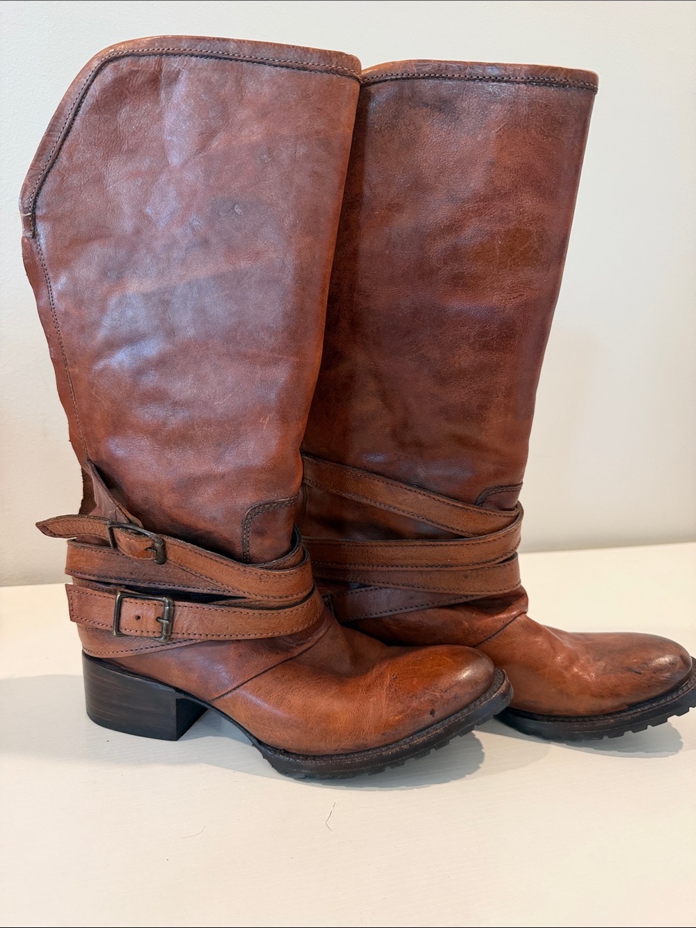 freebird Dillan  Cognac Brown Leather Mid-Calf Strapped Heeled Boots